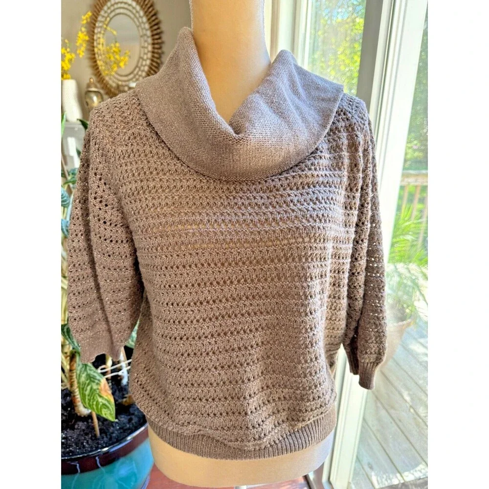 New York & Co Shimmery Cowl Sweater Sz L Open Knit Gold Thread Special Party - Picture 3 of 11
